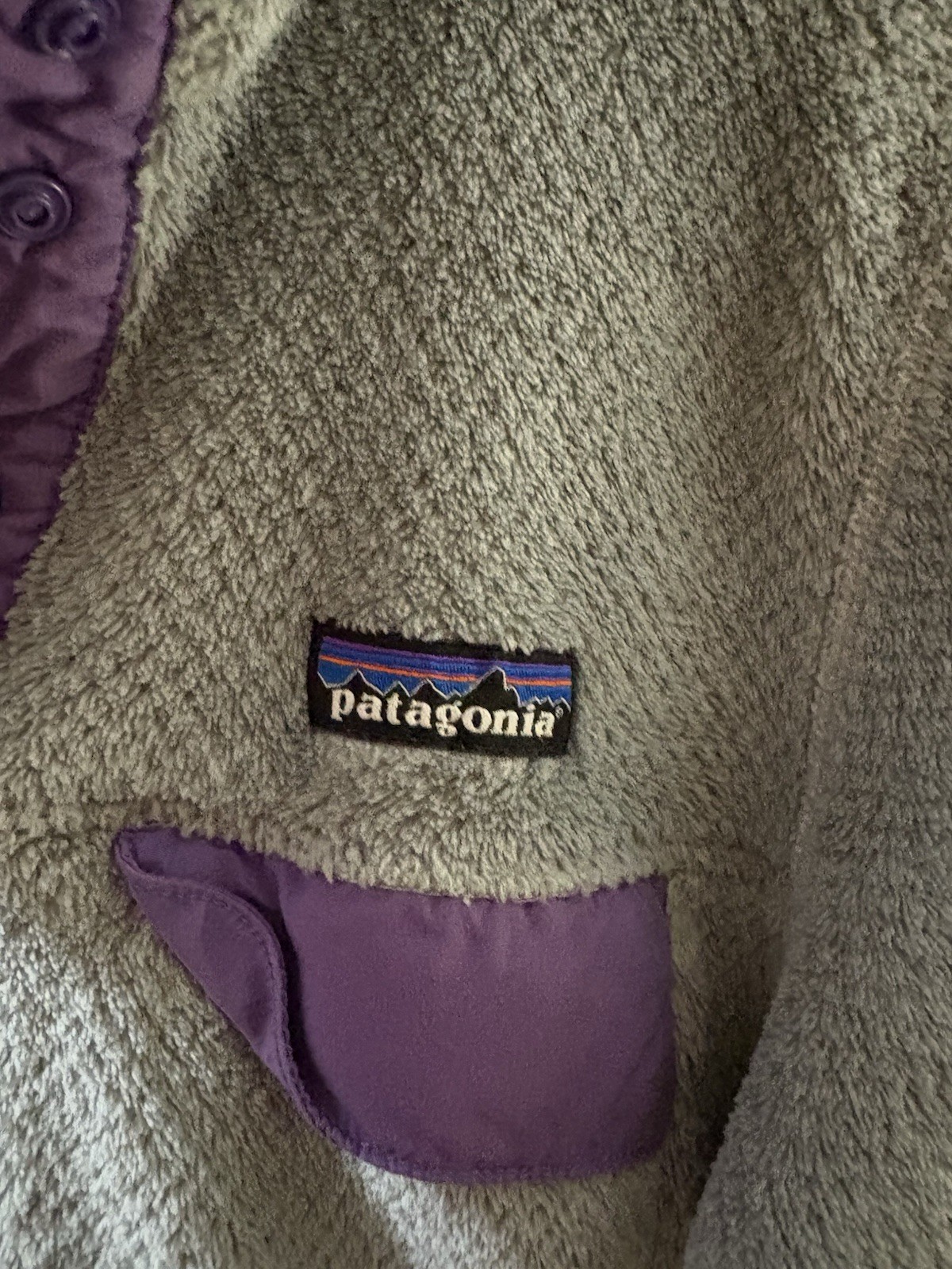 Patagonia Synchilla Women’s Snap Pullover Jacket Gray/Purple Pockets Size S