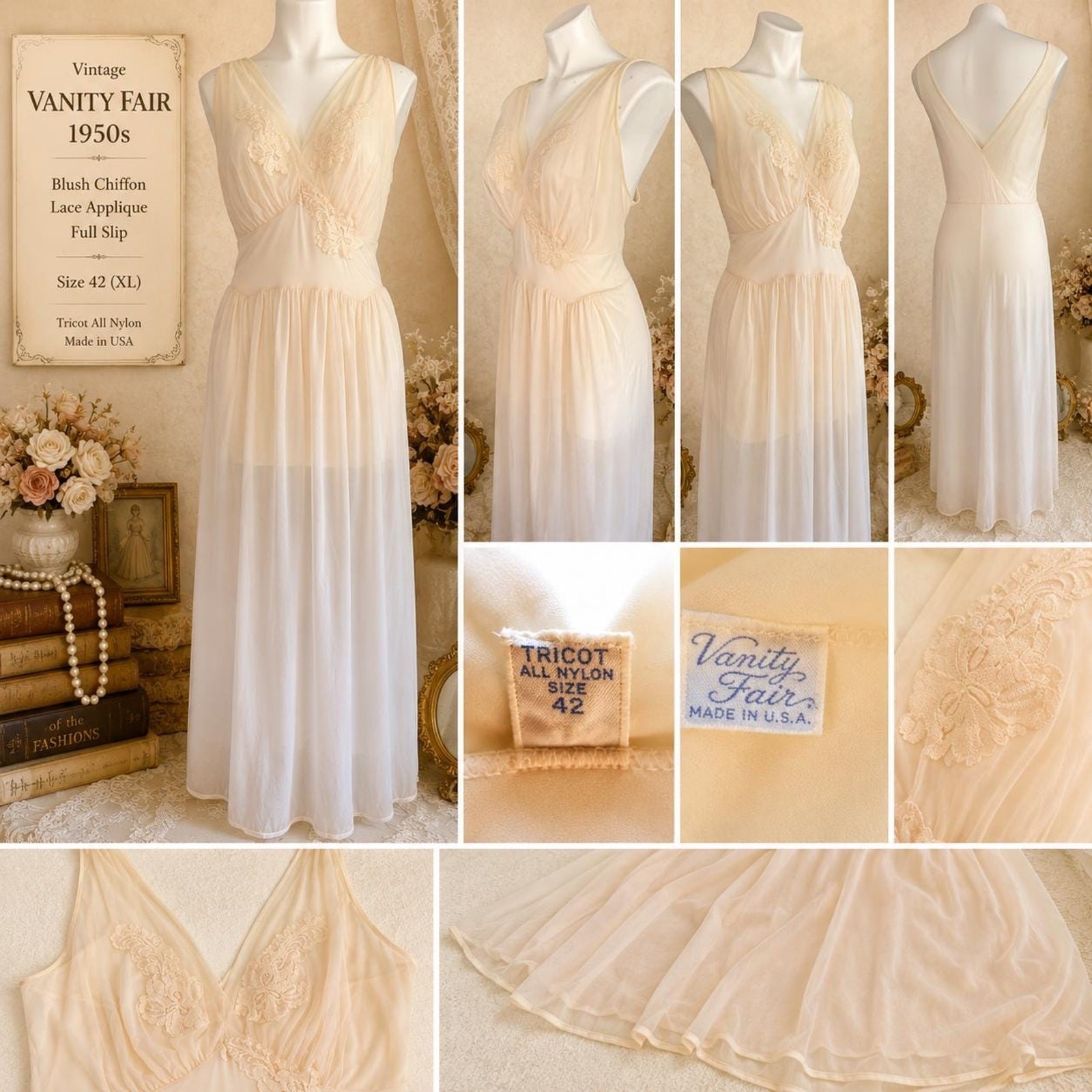 Vintage Vanity Fair 1950s Blush Chiffon Lace Applique Full Slip Size 42 (XL)