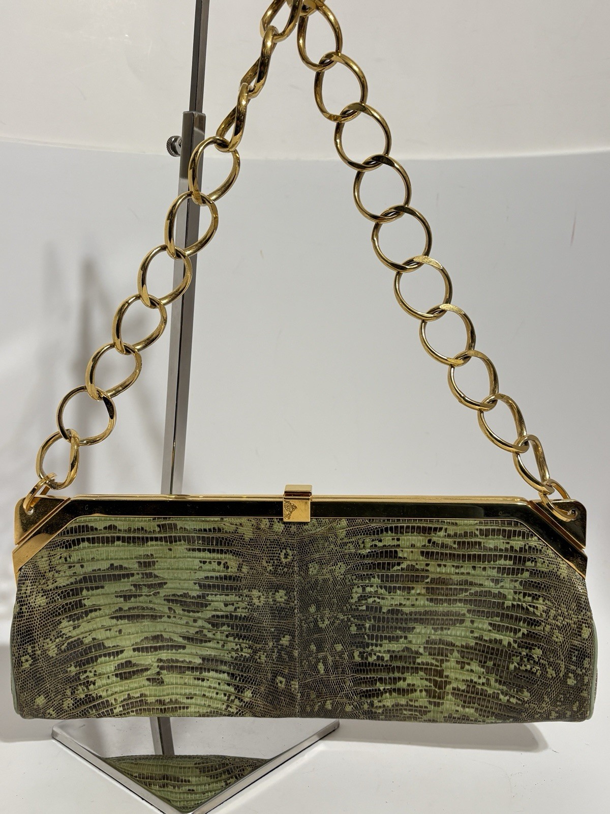 Vtg Gianni Versace Green Lizard Leather Gold Chain Strap Shoulder Bag