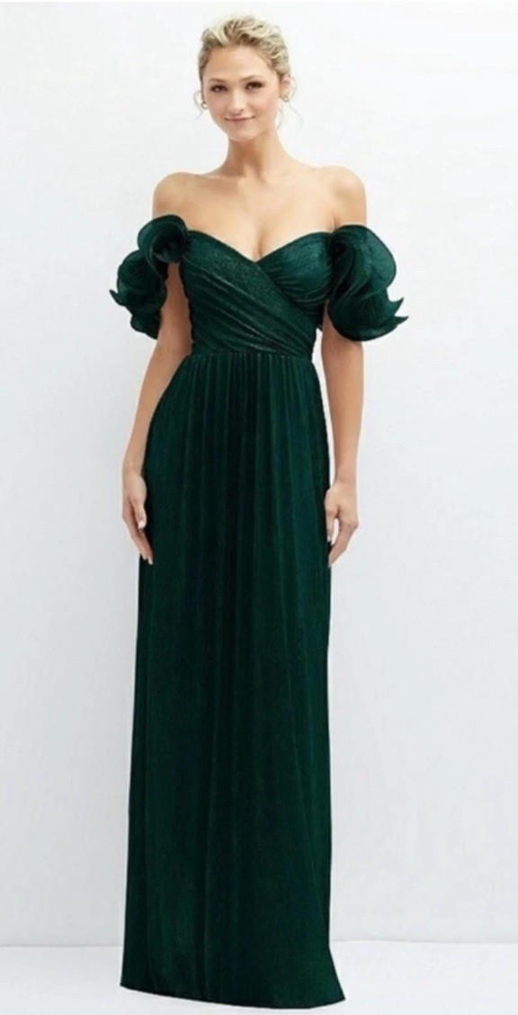 After Six Ruffle Off The Shoulder Metallic Formal Gown Dress Size XS Green $279