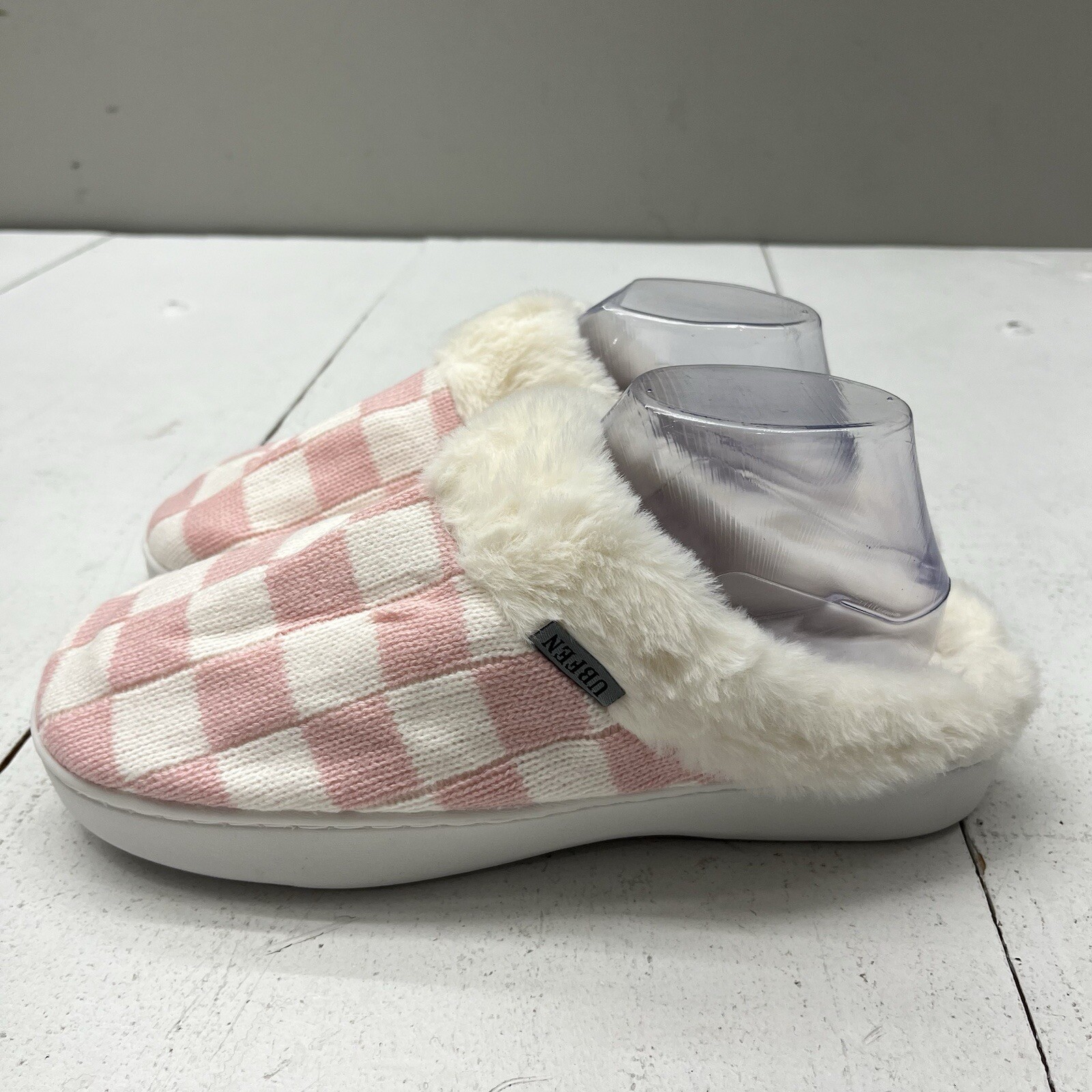 UBFEN Pink White Checkered Slippers Memory Foam Footbed Faux Fur Womens Size 7-8