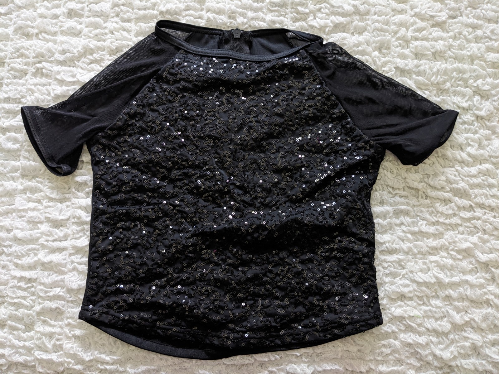 Weissman Black Lace Sequin Satin Top Short Sleeve Zip Back Rayon Girl Size MC