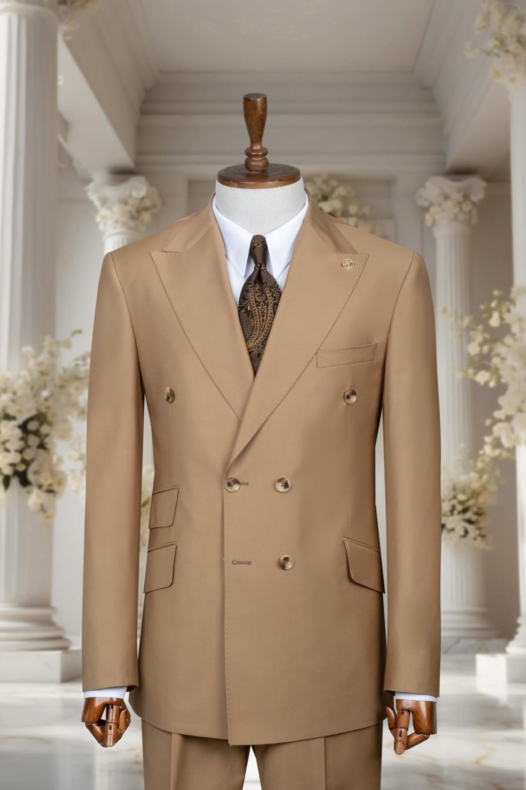 Double Breasted Men’s 2Pcs Suits Khaki Business Tuxedos Double Breasted Jacket