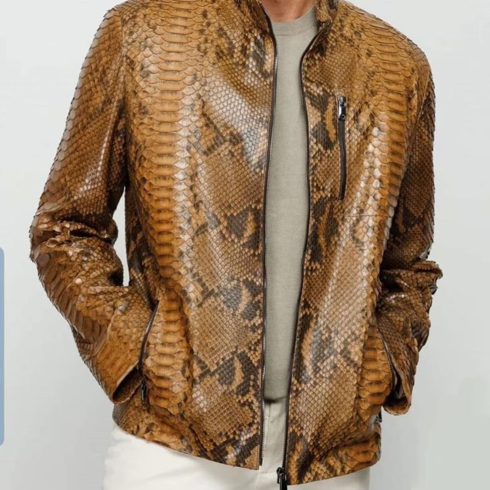 Men’s Snake Print Cow Leather Jacket – Slim Fit Brown Exotic Design Biker Coat
