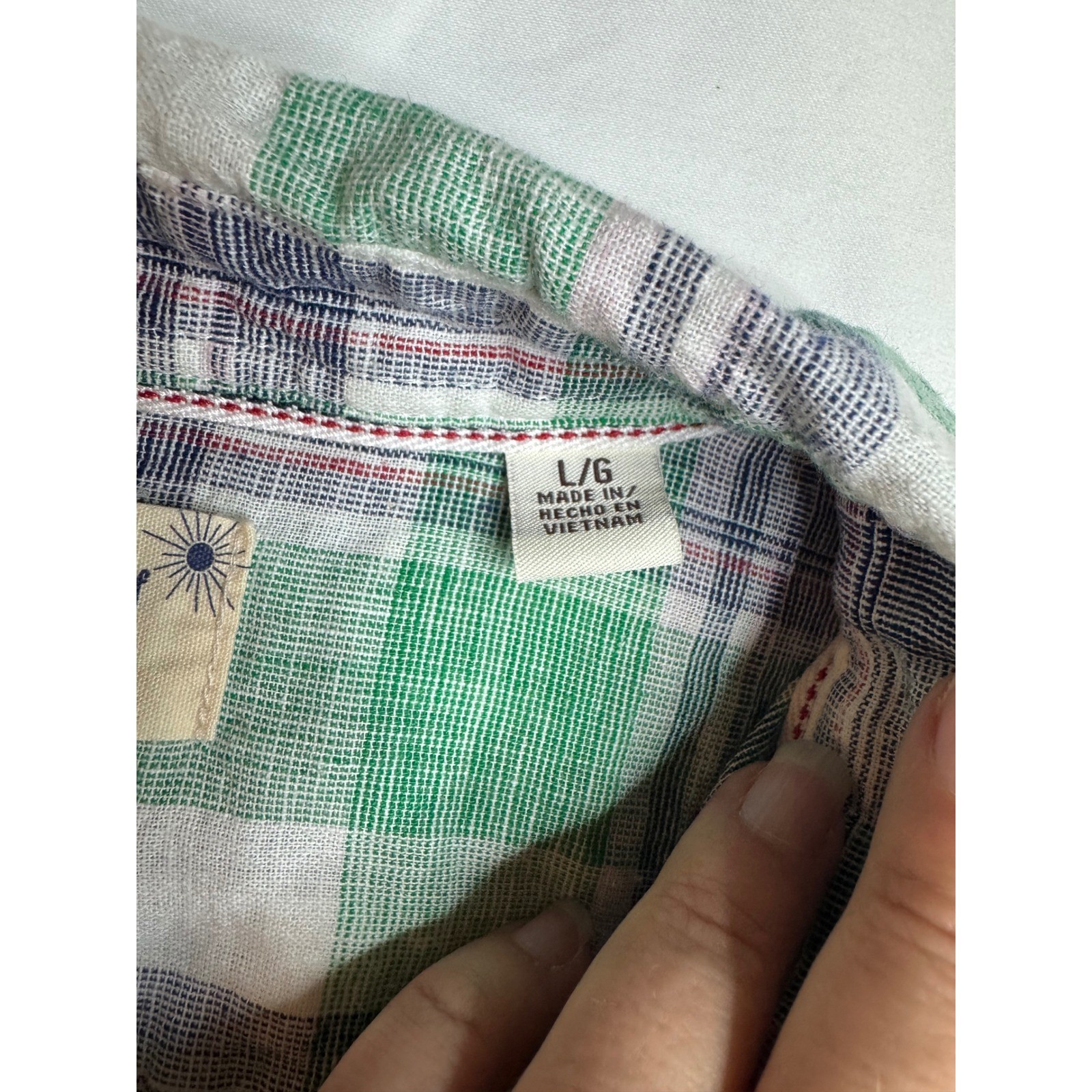 Weatherproof Vintage Mens Large Green Plaid Linen Cotton Short Sleeve Shirt