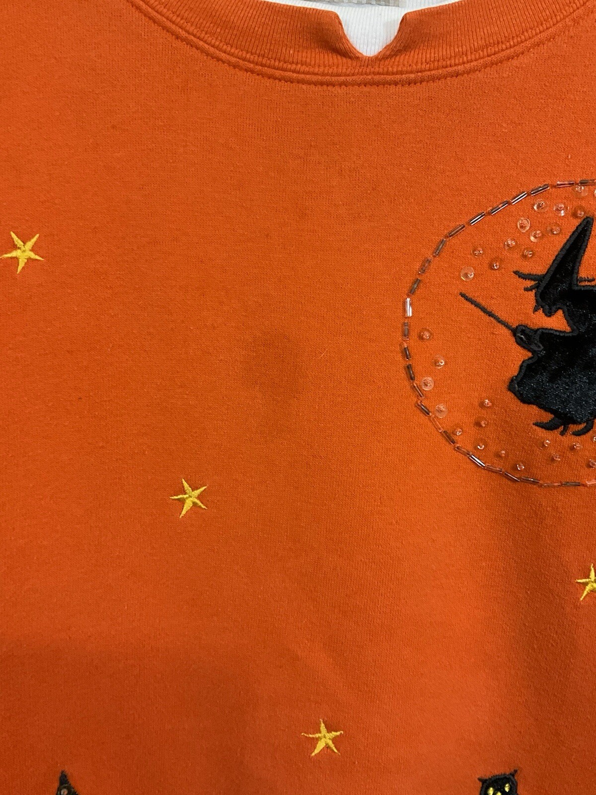VTG Womens Embellished Halloween Shirt L Orange Haunted House Pumpkins Witch 90s