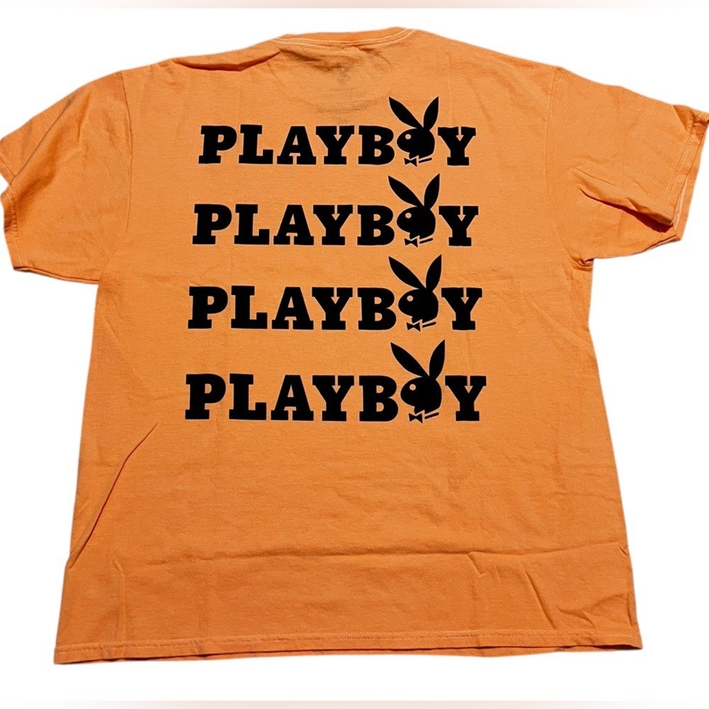 PLAYBOY men’s graphic print shirt orange Tee Black Logo size medium