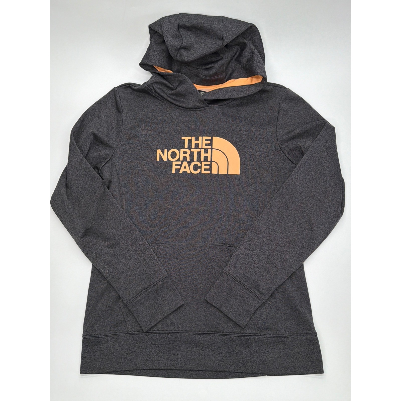 The North Face Womens Charcoal Gray Orange Logo Pullover Hoodie Fleece Size S