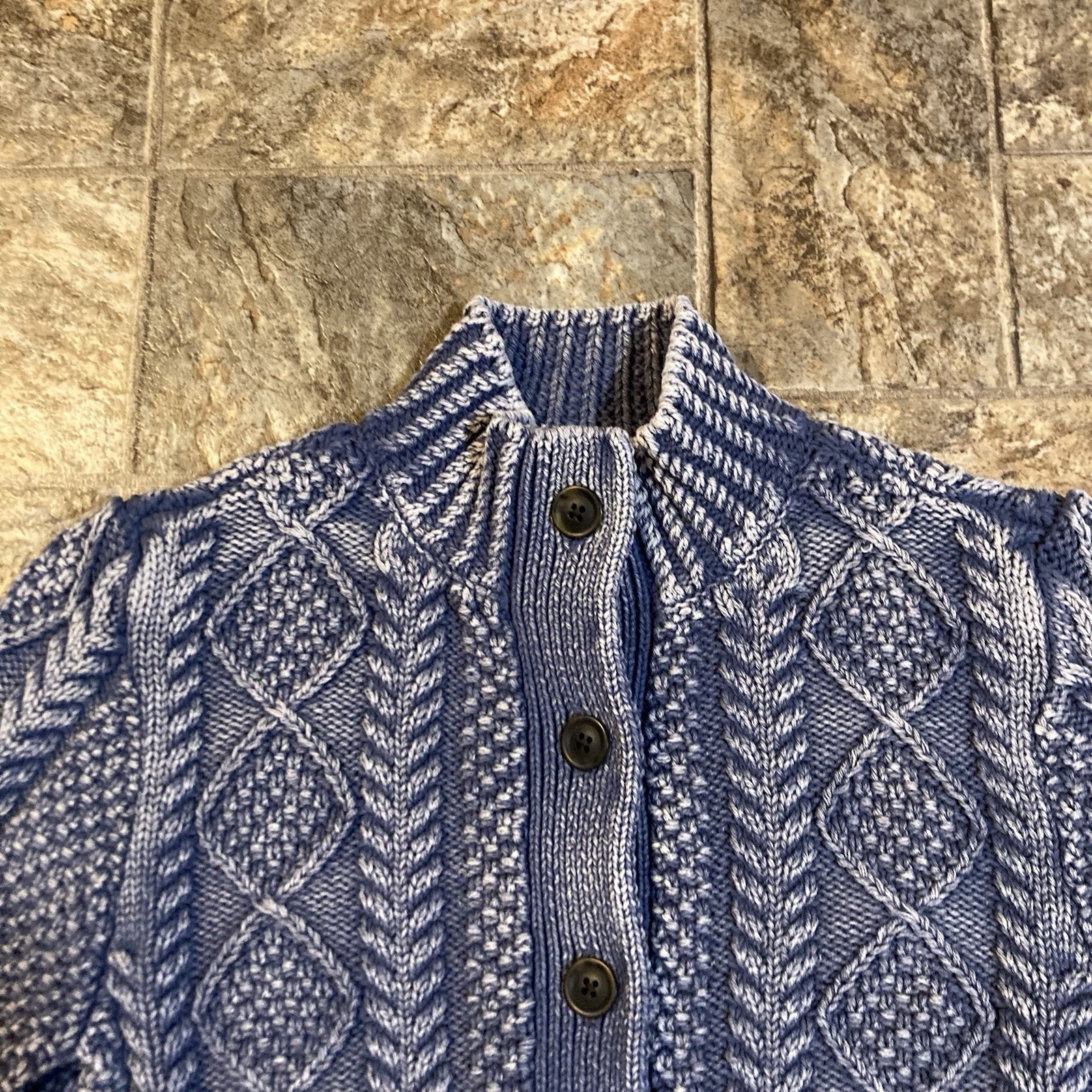 LL Bean Signature Blue Cable Knit Cotton Fisherman Cardigan Sweater Size Small