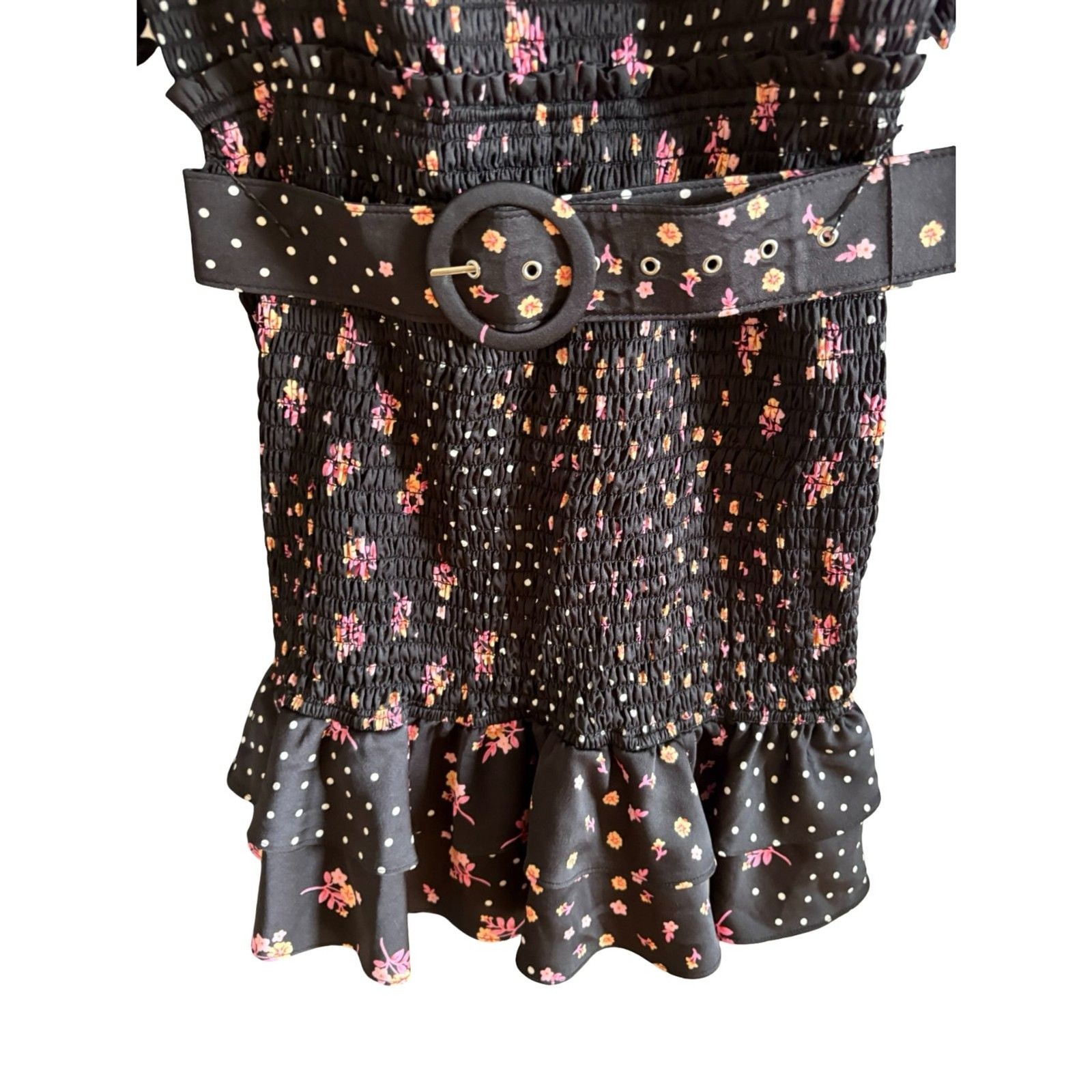 For Love and Lemons Camellia Smocked Belted Mini Dress Black Floral NWOT Sz L