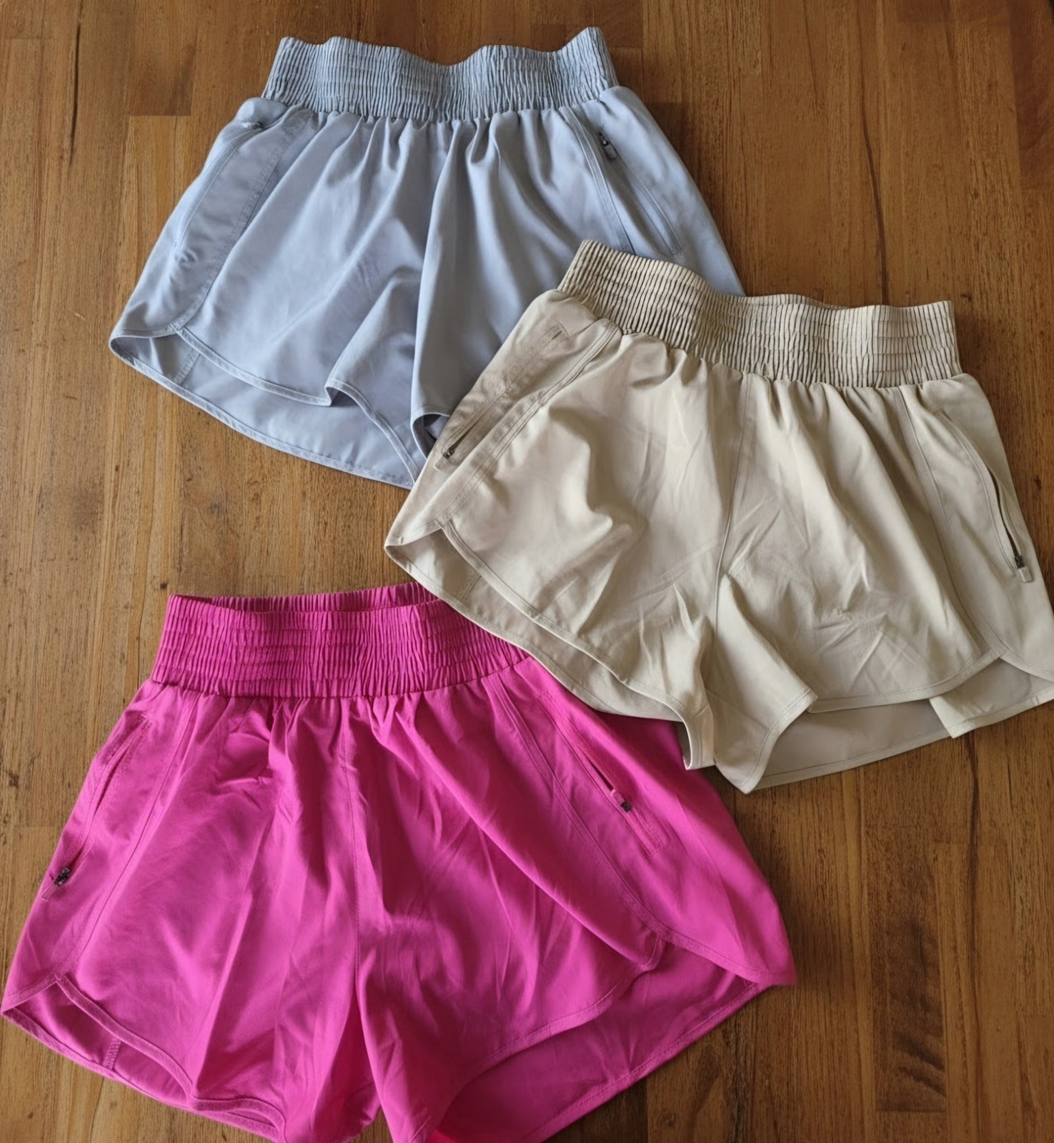 Women’s M Athletic 3-Pack Running Shorts Pink Beige Light Blue Zip Pockets