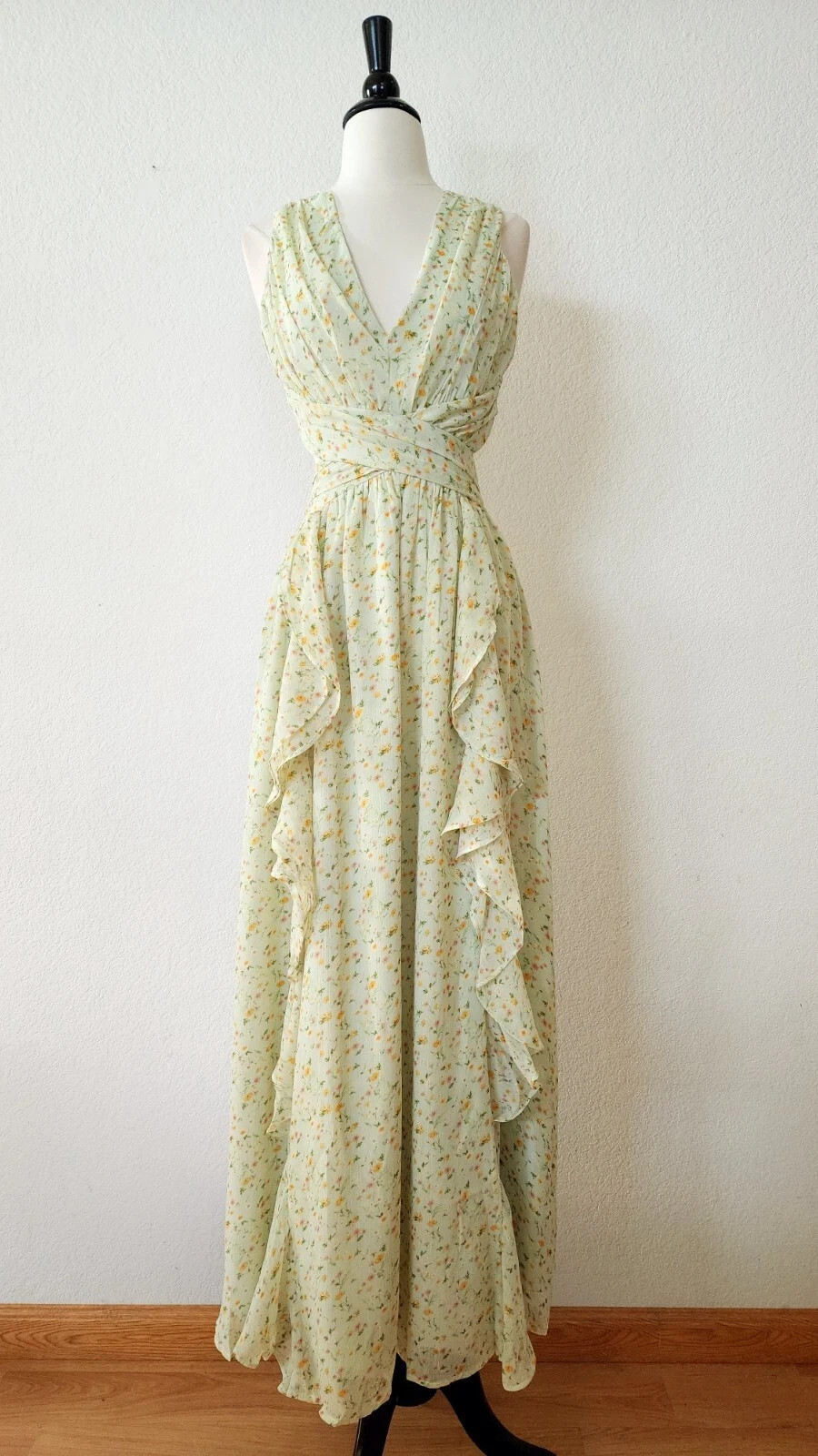 New Anthro Maxi Dress Size Small XS Floral Green Coquette Lace Up Prom Formal