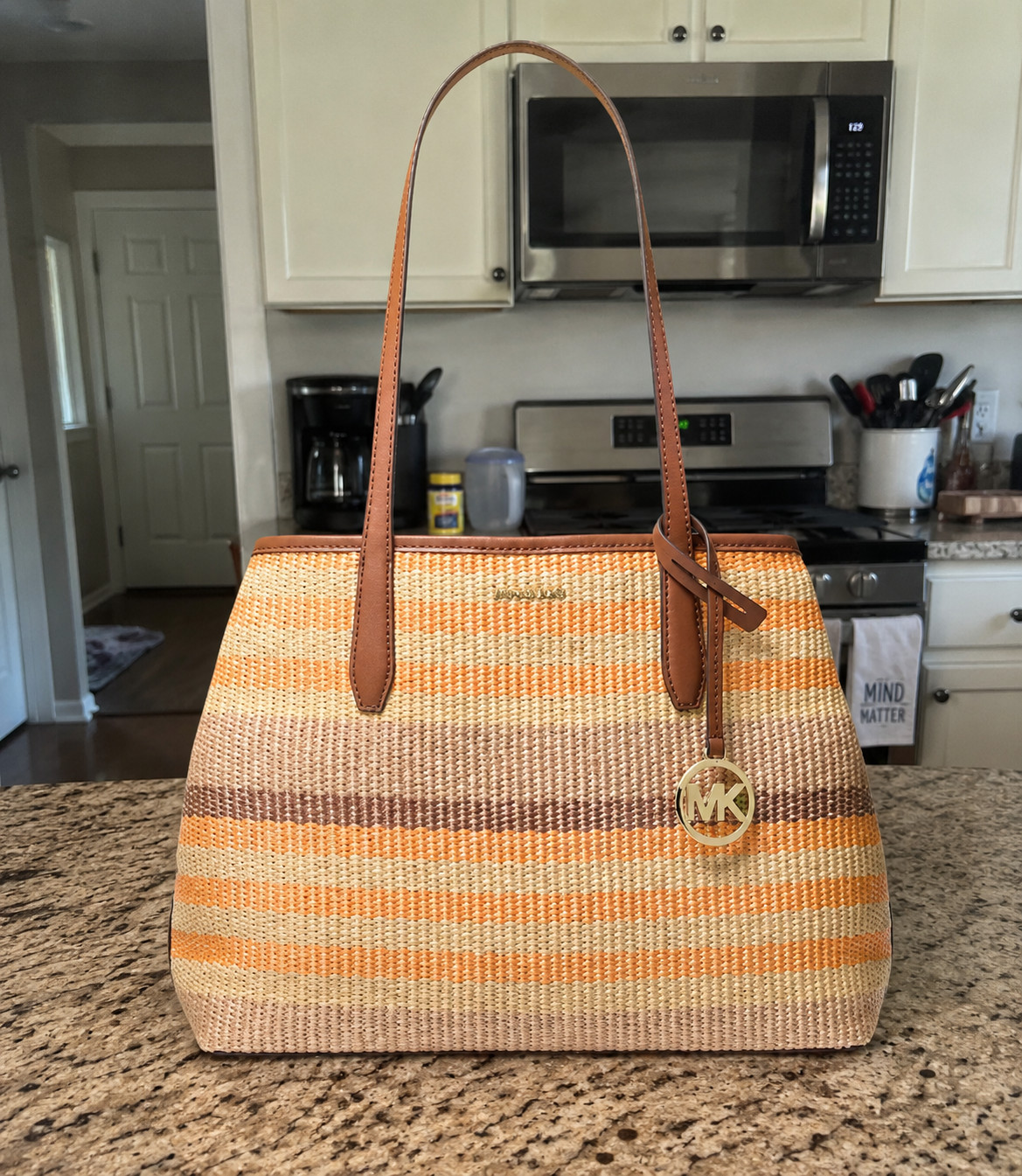 MICHAEL KORS NWT Woven Tote Bag ORANGE BROWN BEIGE Stripes Retail $358