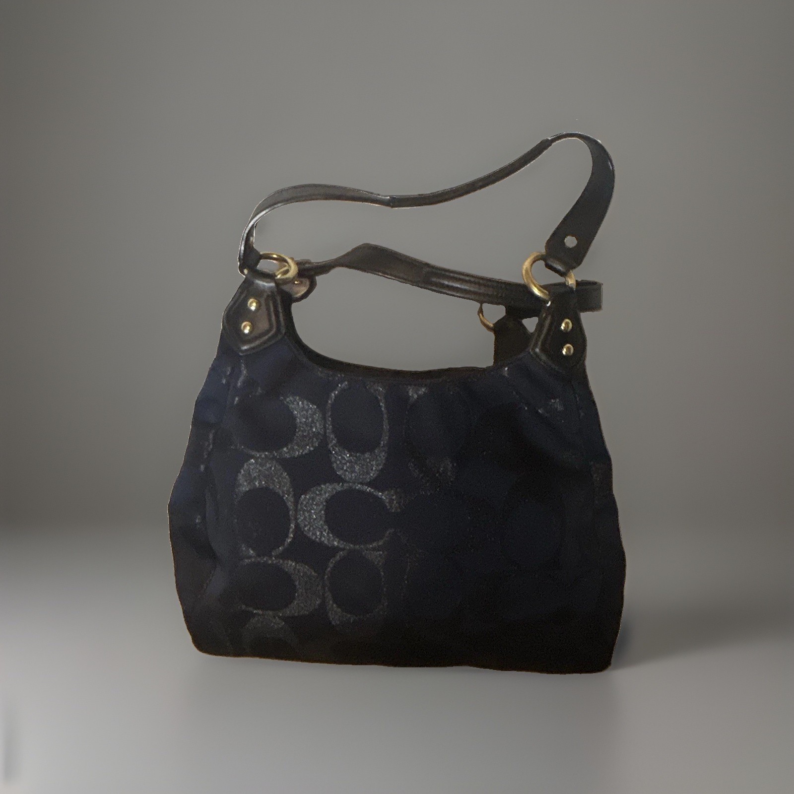 Coach Navy/Black Signature Logo Hobo Shoulder Bag Zip + Buckle Gold Pockets