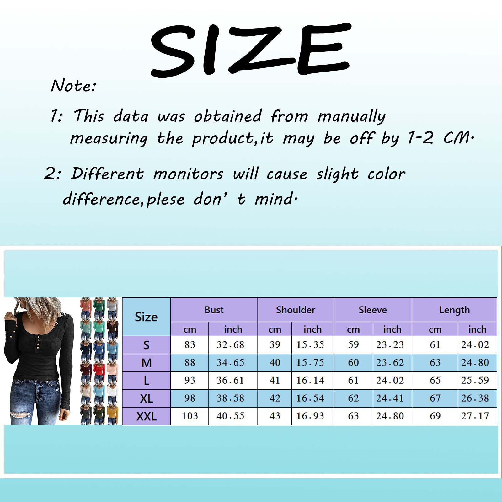 Lady Long Sleeve Henley T Shirt Button Slim Fit Top Scoop Neck Ribbed Knit Shirt