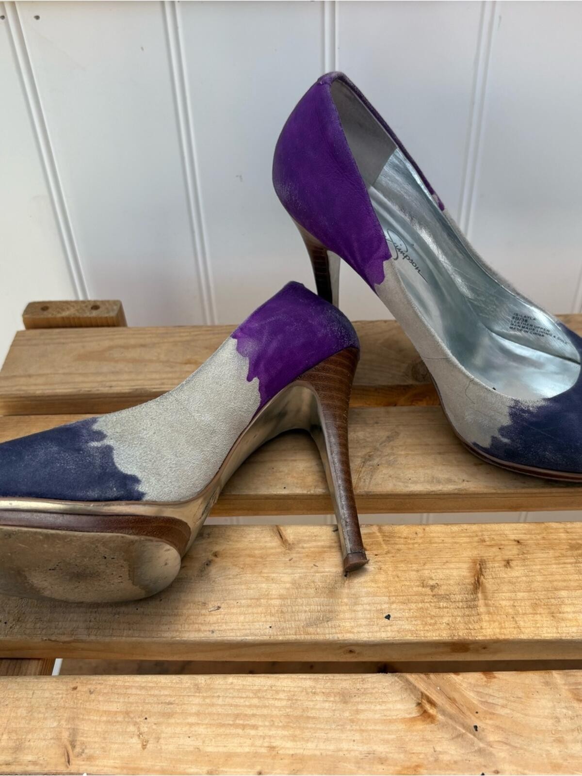 Jessica Simpson Purple, Tan and Dark Purple Suede Colorblock High Heels