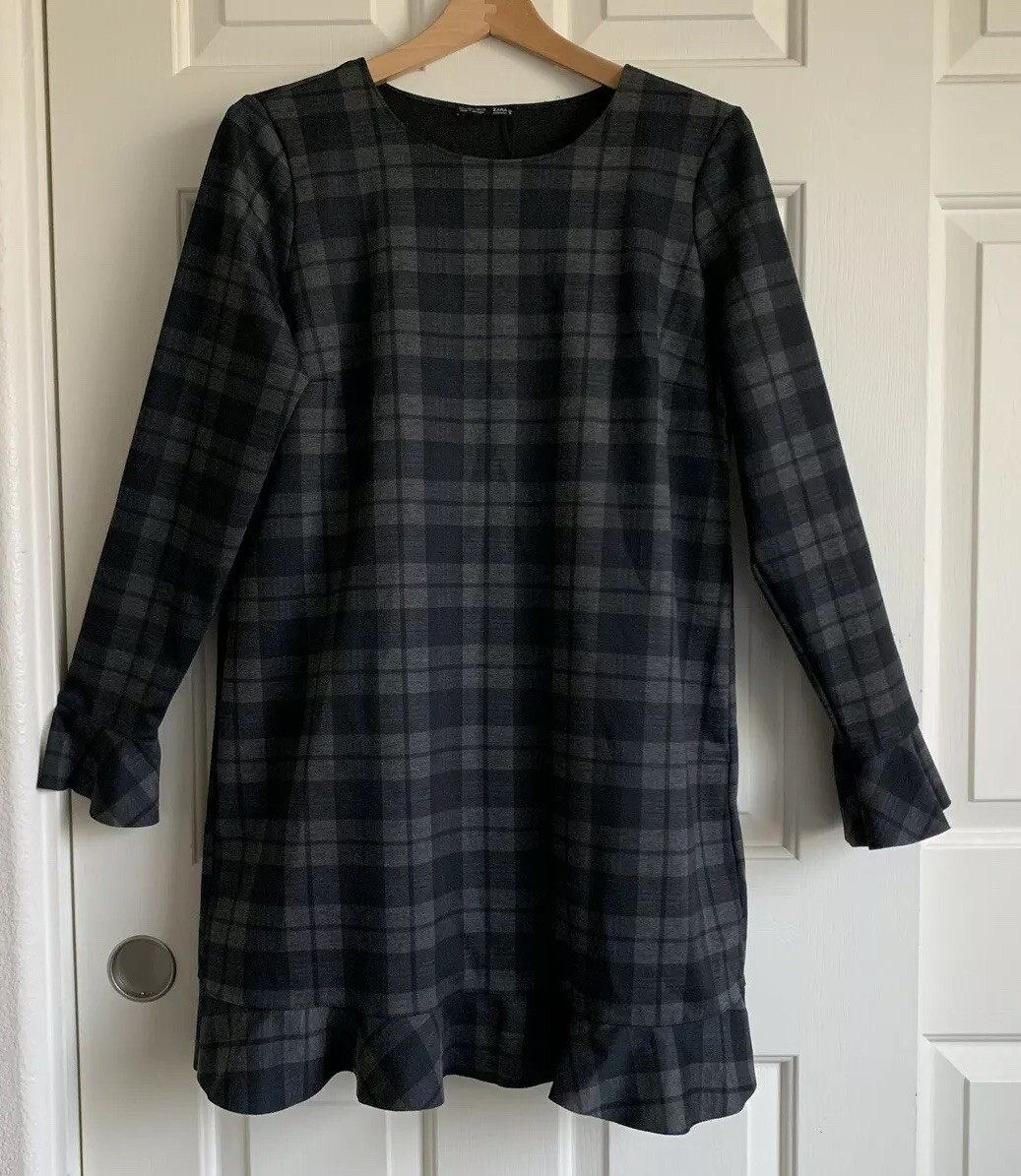 zara collection Women’s size L Black/green Khaki Check long Sleeve sweater Dress