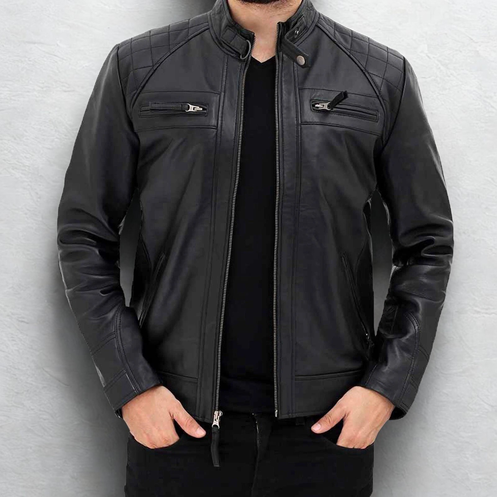 Men’s Genuine Sheepskin Leather Cafe Racer Motorcycle Biker Jacket Vintage Style