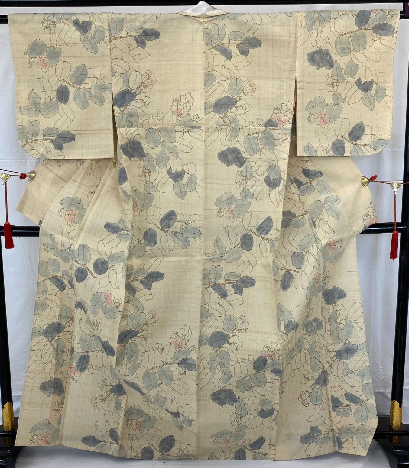 Japanese Vintage Kimono Silk White Tsumugi No Lining Authentic Length 64 in