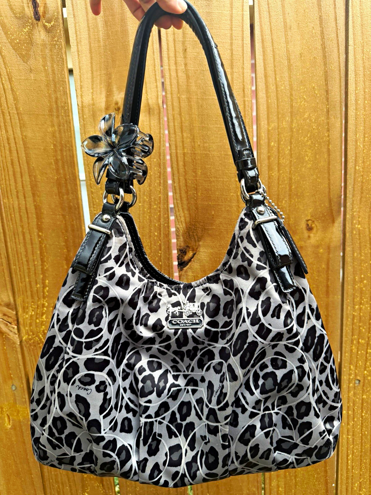 Coach Gray/Black Animal Print Patent Crescent Shoulder Bag