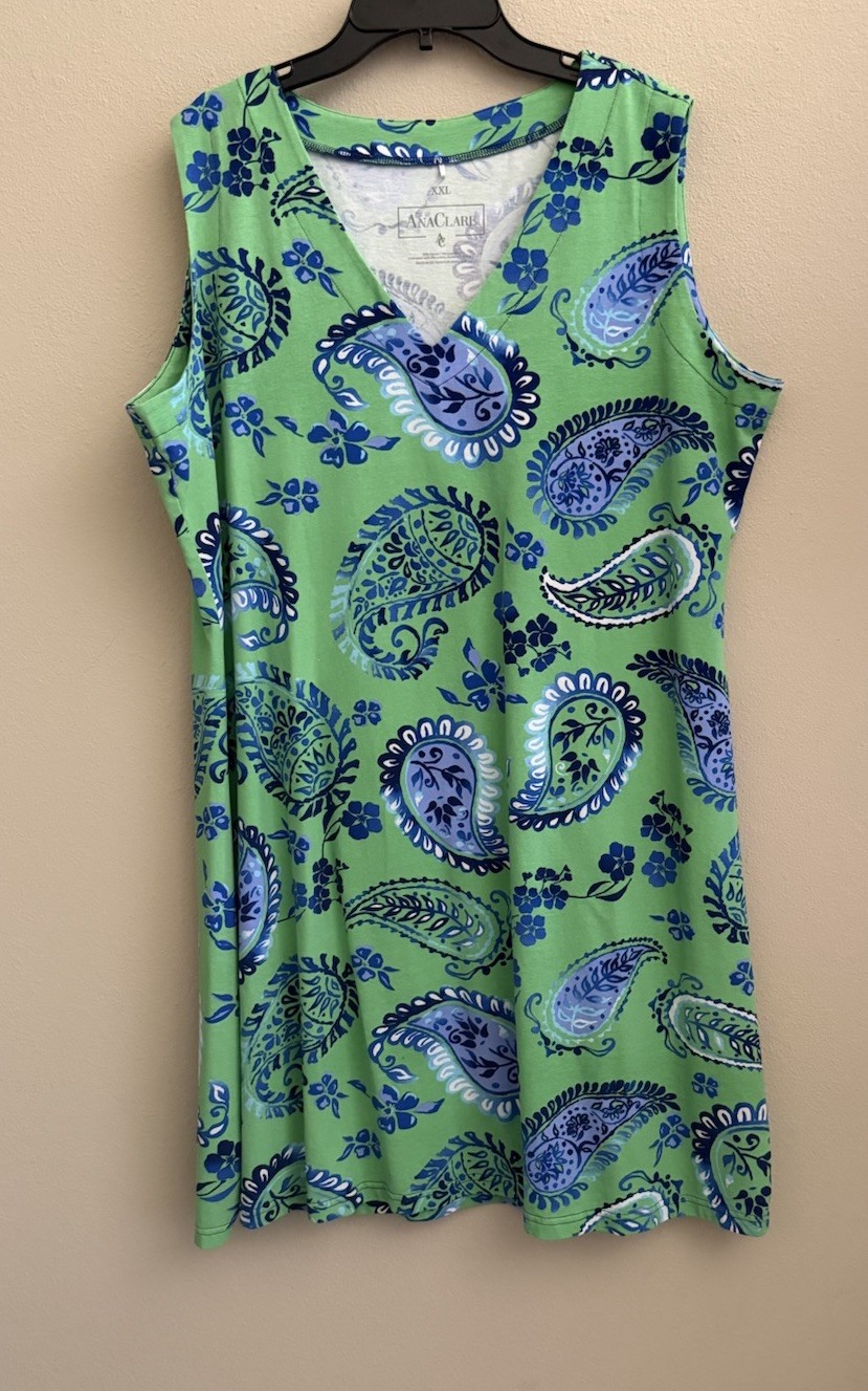 Ana Clare Green Paisley Print Sleeveless Shift Dress Size XXL