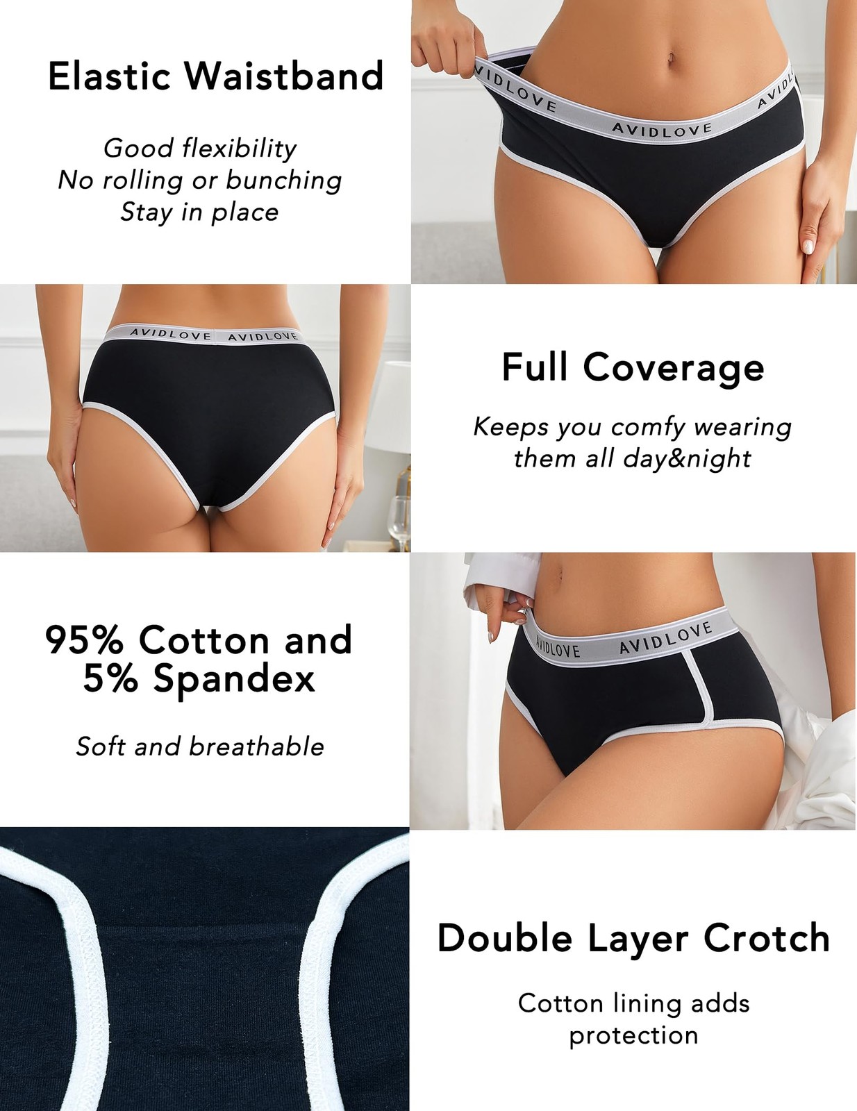 Avidlove Women Hipster Panties Stretch Underpants 2 Pack Black/Gray Size Small