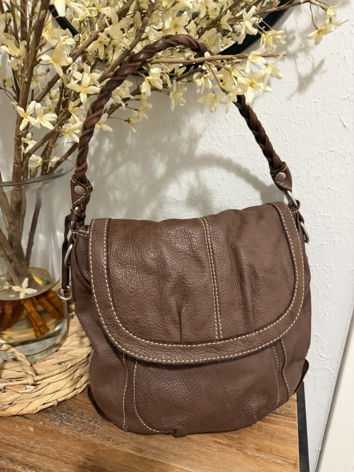 Vintage Fossil Brown Pebbled Leather Shoulder Hobo Handbag Medium Sized