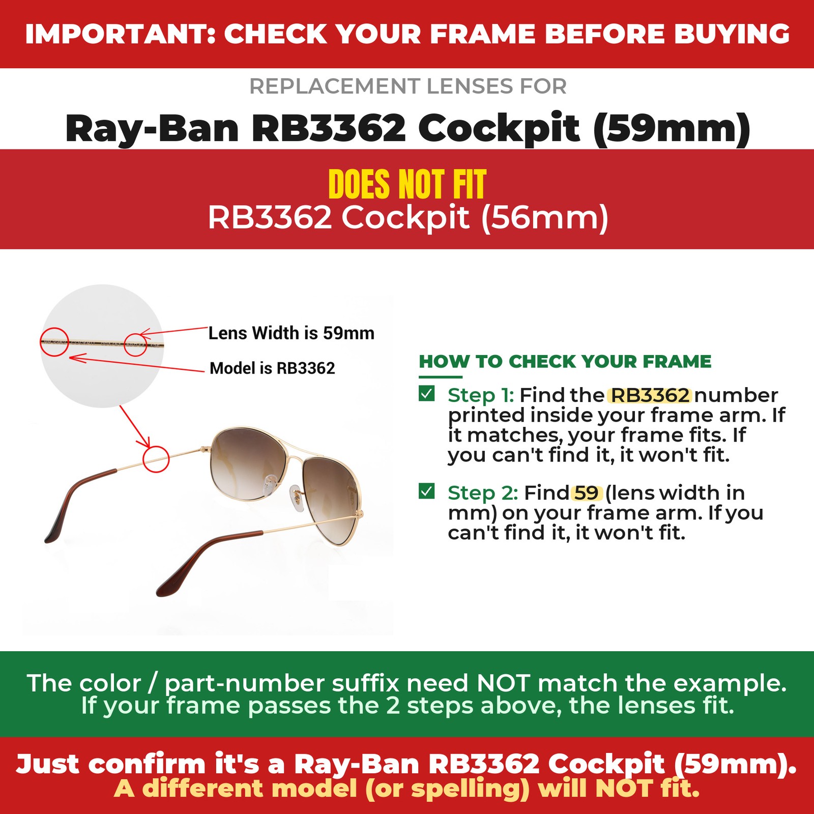 Walleva Titanium and Black Polarized Lenses For Ray-Ban RB3362 Cockpit 59mm