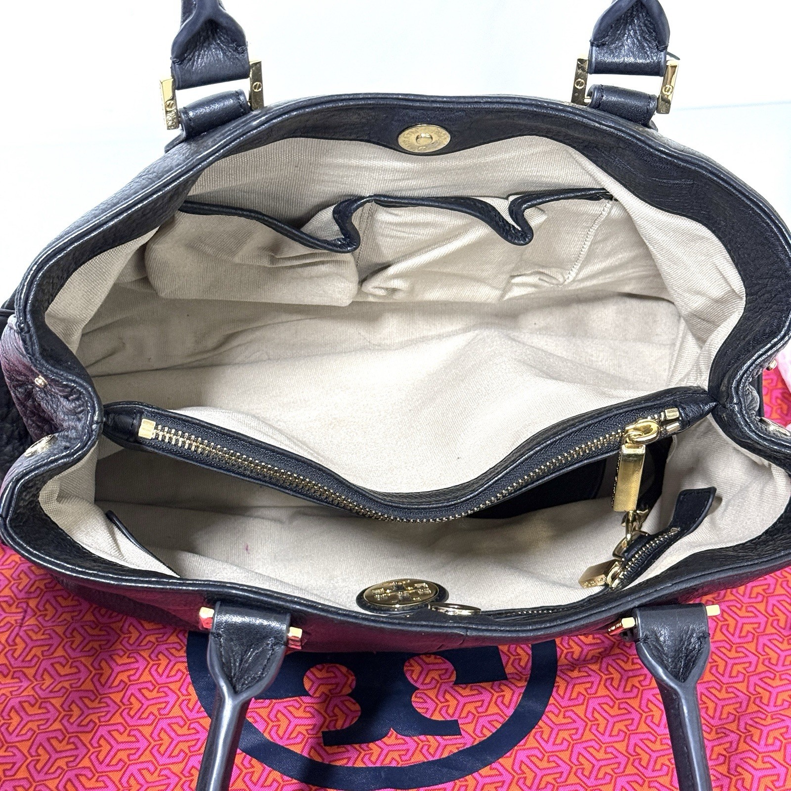 Tory Burch Robinson Triple Compartment Black Pebbled Leather Tote Shoulder Bag