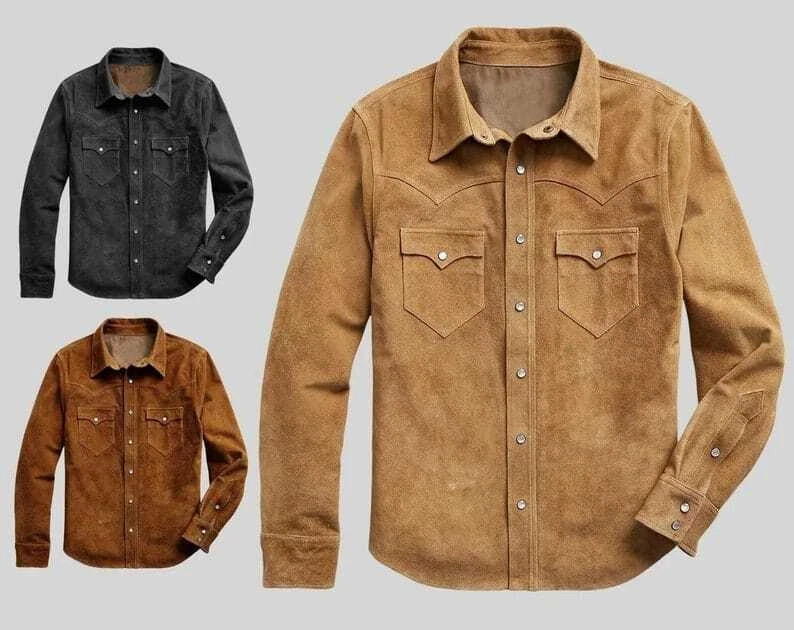 Men Suede Leather Trucker Premium Western Wear Shirt – Suede Leather Shirt