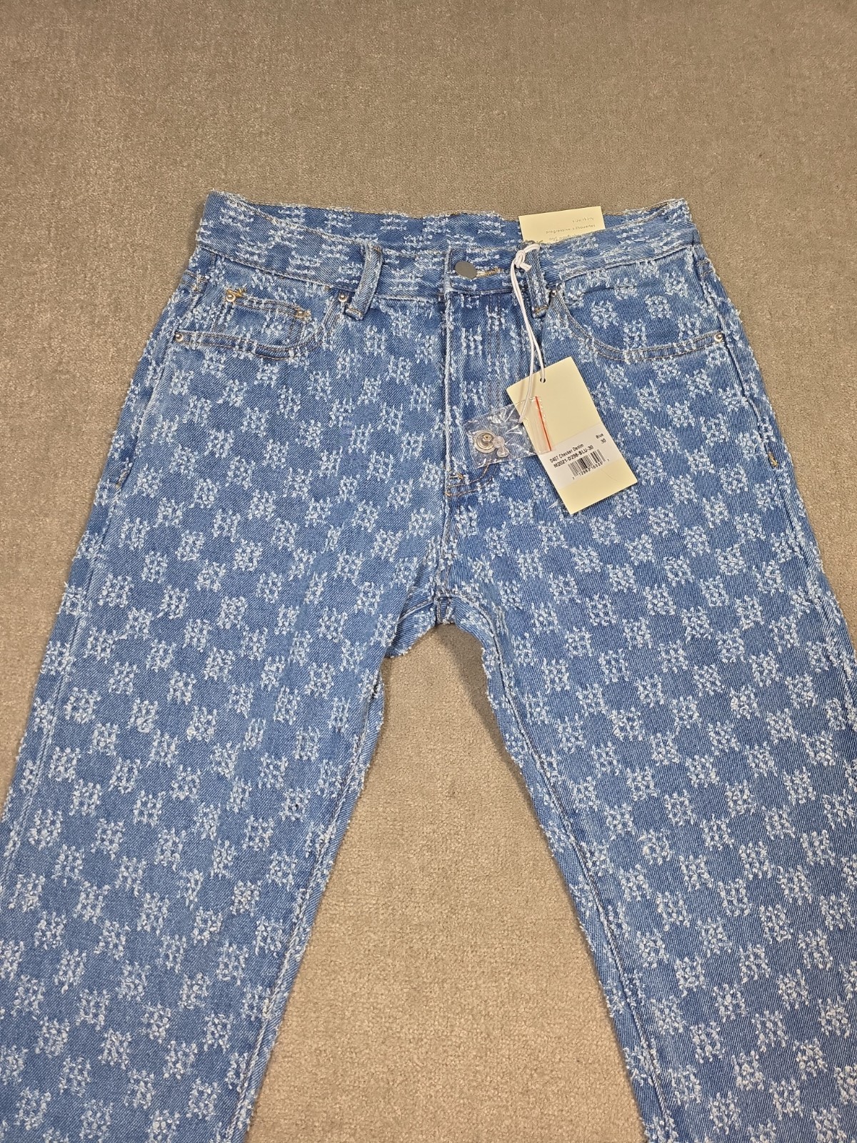 MNML Men Jean 30X32 Blue Denim Monogram Print 100% Cotton NWT