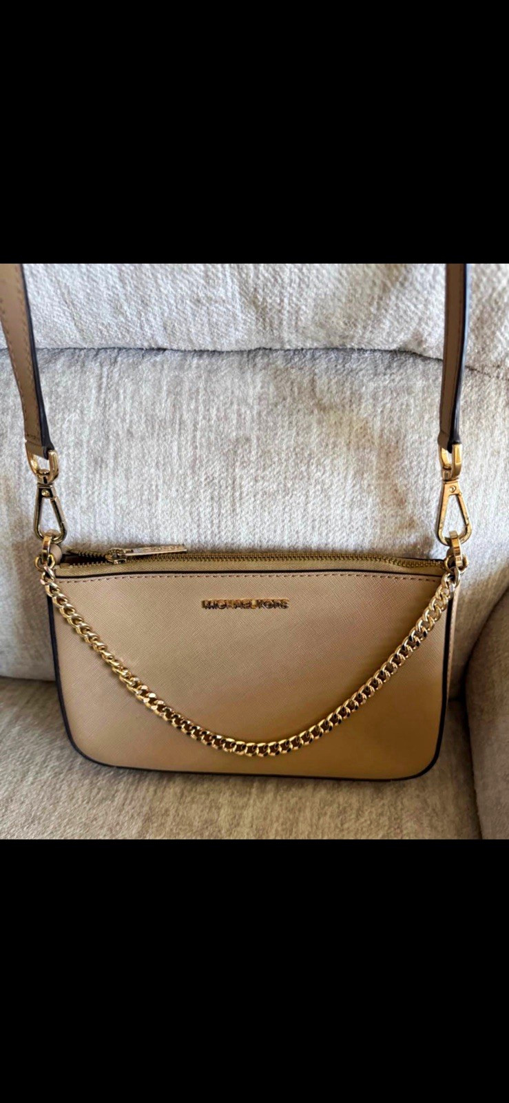Michael Kors Women’s Beige Crossbody Gold Chain Hardware Zip Detachable Strap