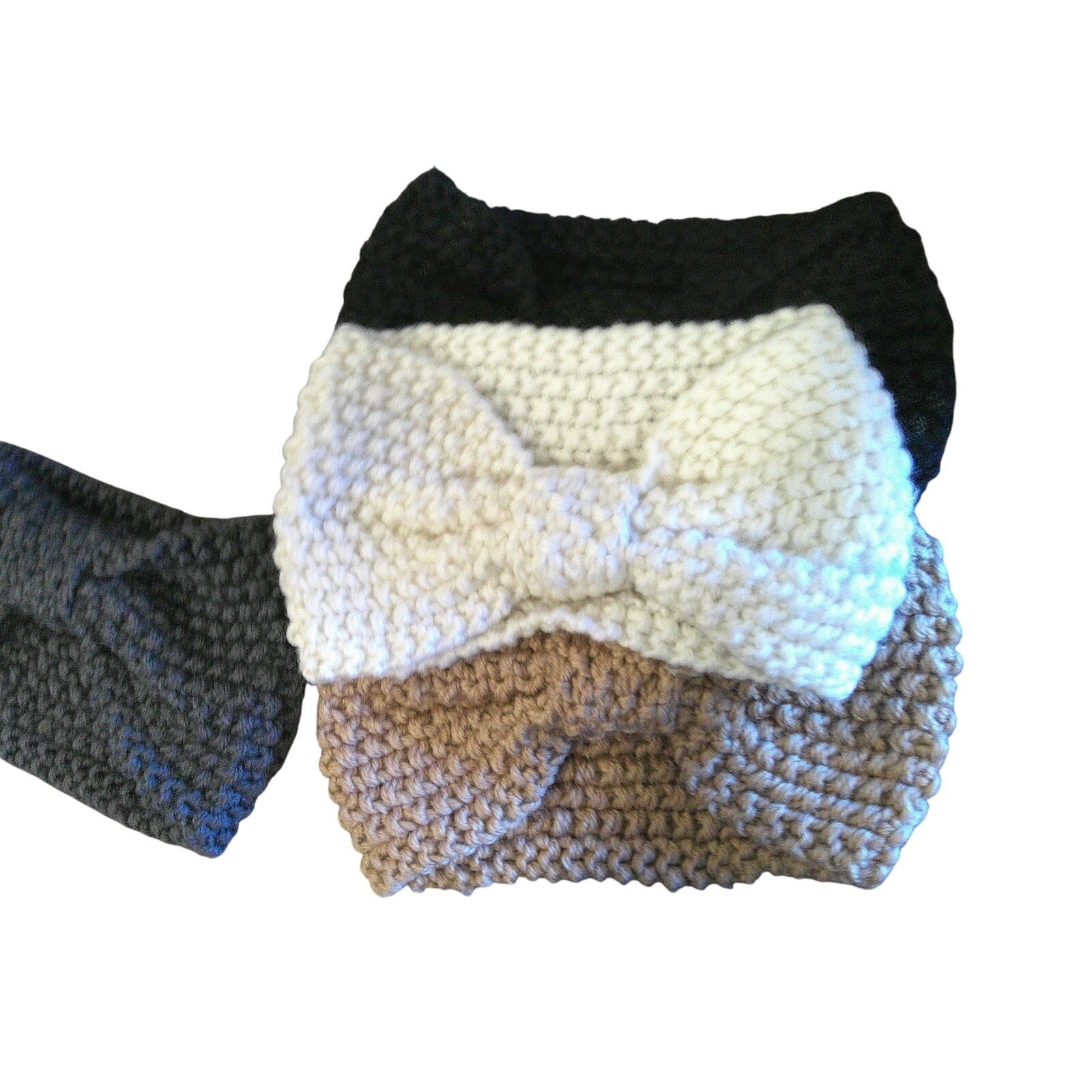 Bow Crochet Knit Headbands 4-Pack | Brown Black White Gray | 8″x4″ New