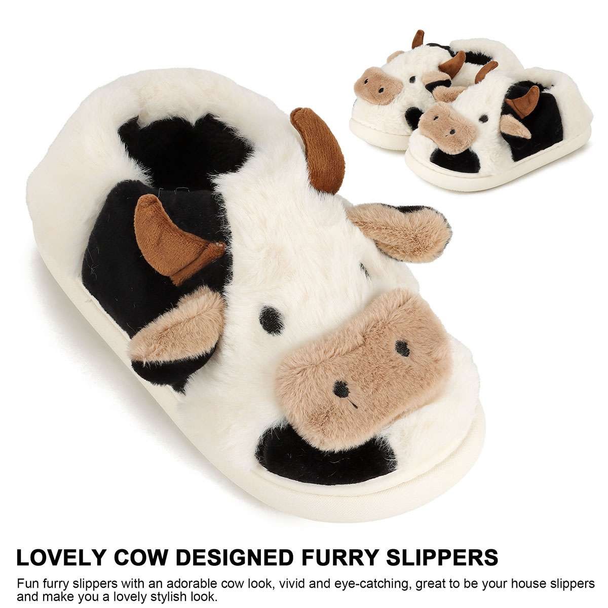 Cow Slippers for Women Men Fluffy Cute Cozy Cartoon Cow Winter Warm Slippers