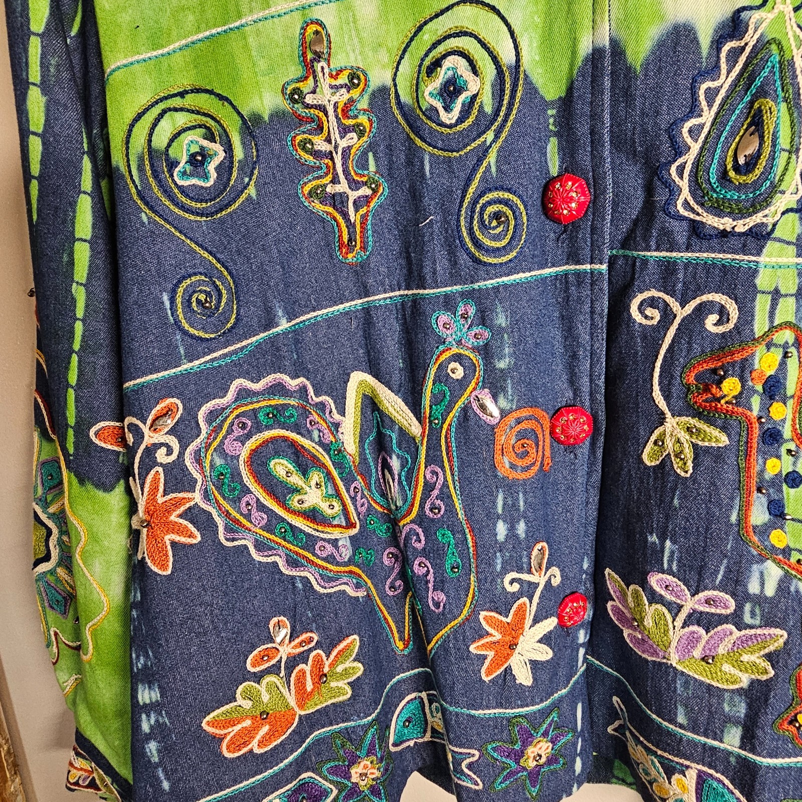 Indigo Moon Large Jacket Green Tie Dye Blue Denim Embroidered Beaded Boho Artsy
