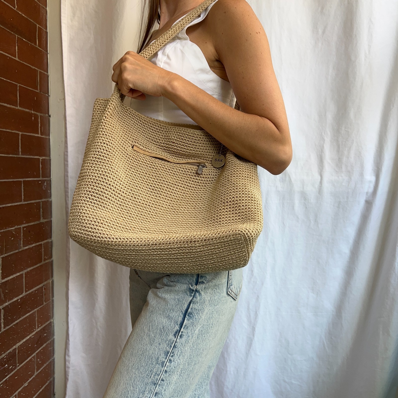 The Sak Original Crochet Tote Bag Beige Woven Shoulder Bag Large Boho Purse