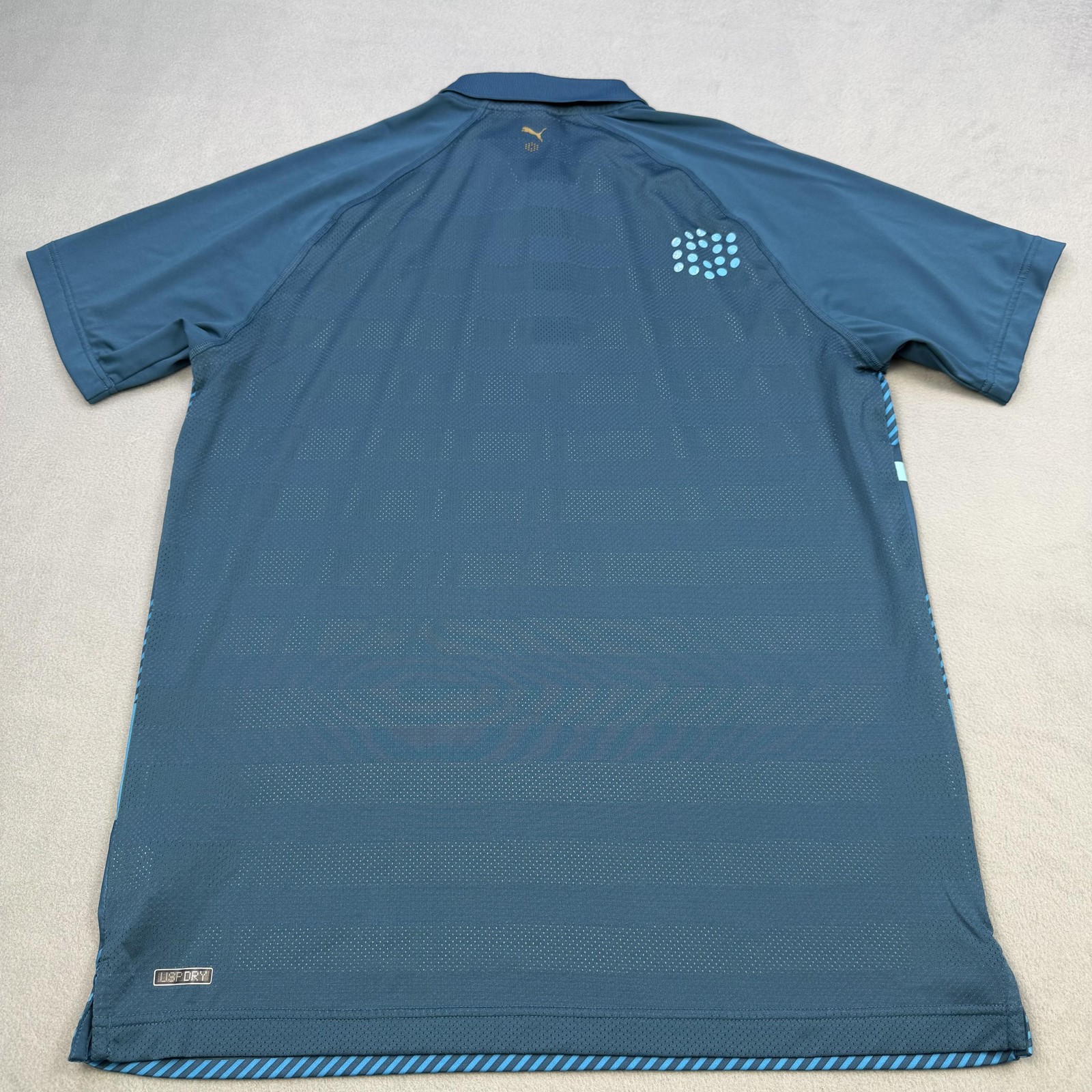 Puma Polo Shirt Mens Medium Blue Multicolor Stripe Golf USP DRY Stretch Top
