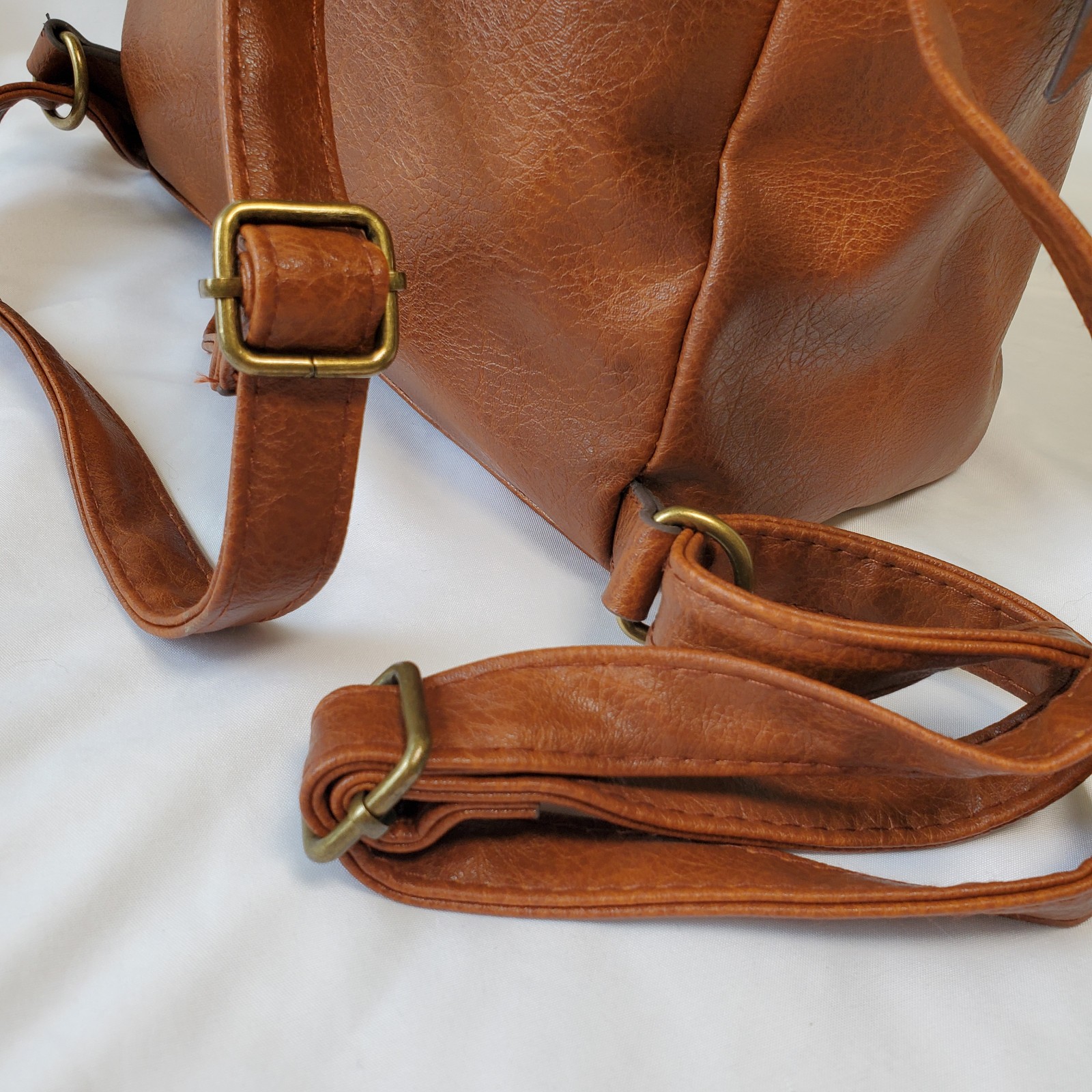 Brown Faux Leather Backpack – Not Branded – Zippers Adjustable Straps
