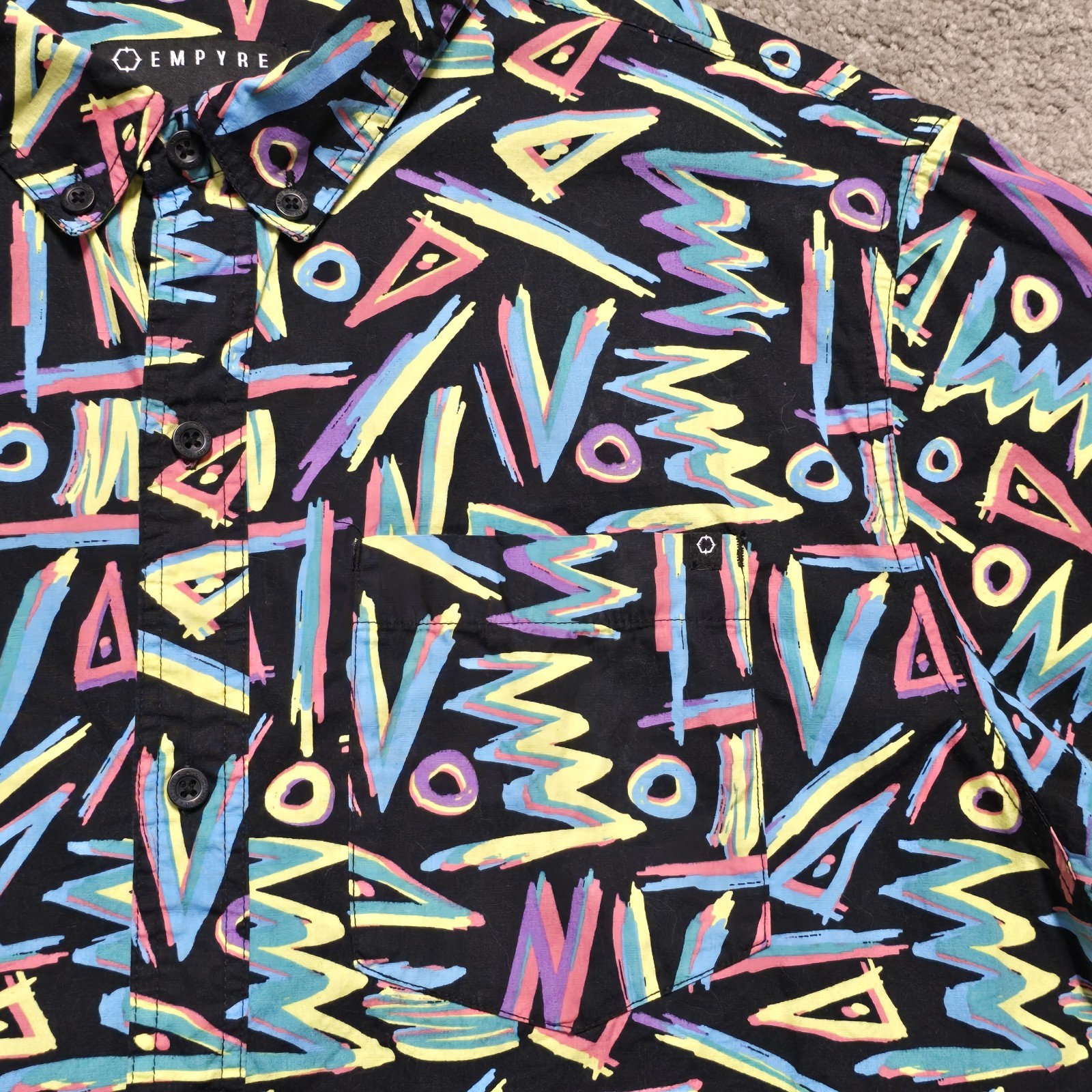 Empyre Geometric Abstract Button Up Shirt Mens Large Retro 90s Neon Skate Surf