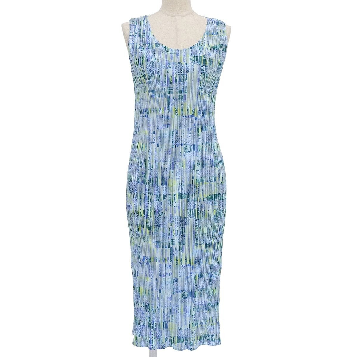 PLEATS PLEASE ISSEY MIYAKE Abstract Sleeveless Dress Blue Green Size 4 Auth