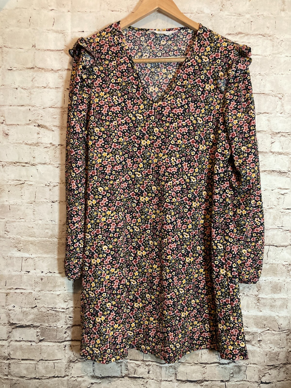 Primark Cares Dress Womens Large Black Micro Floral Ruffle Puff Sleeve Cottage
