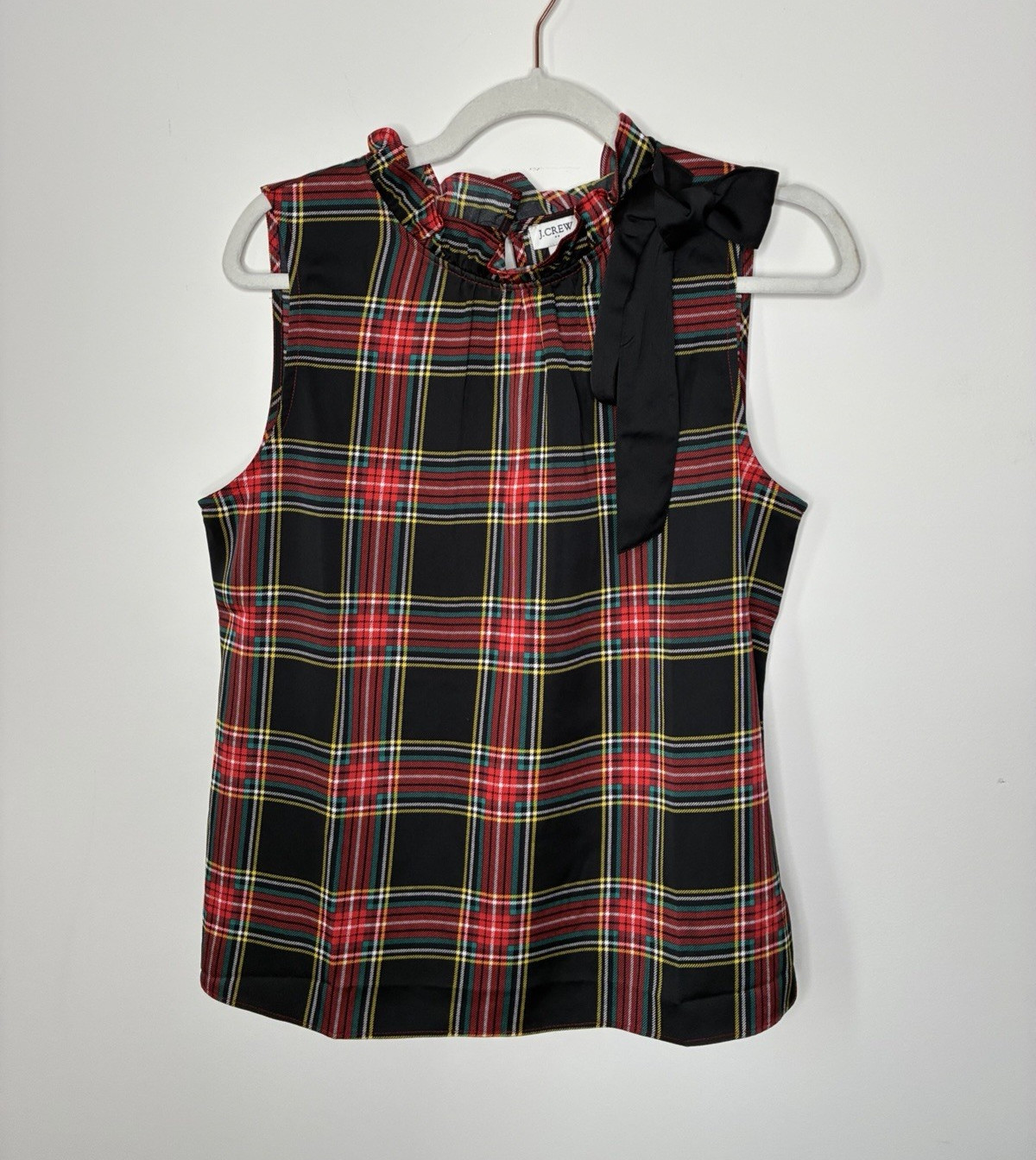 J.CREW Preppy Women XL Woven Plaid Mock Neck Sleeveless Blouse Bow Button Black