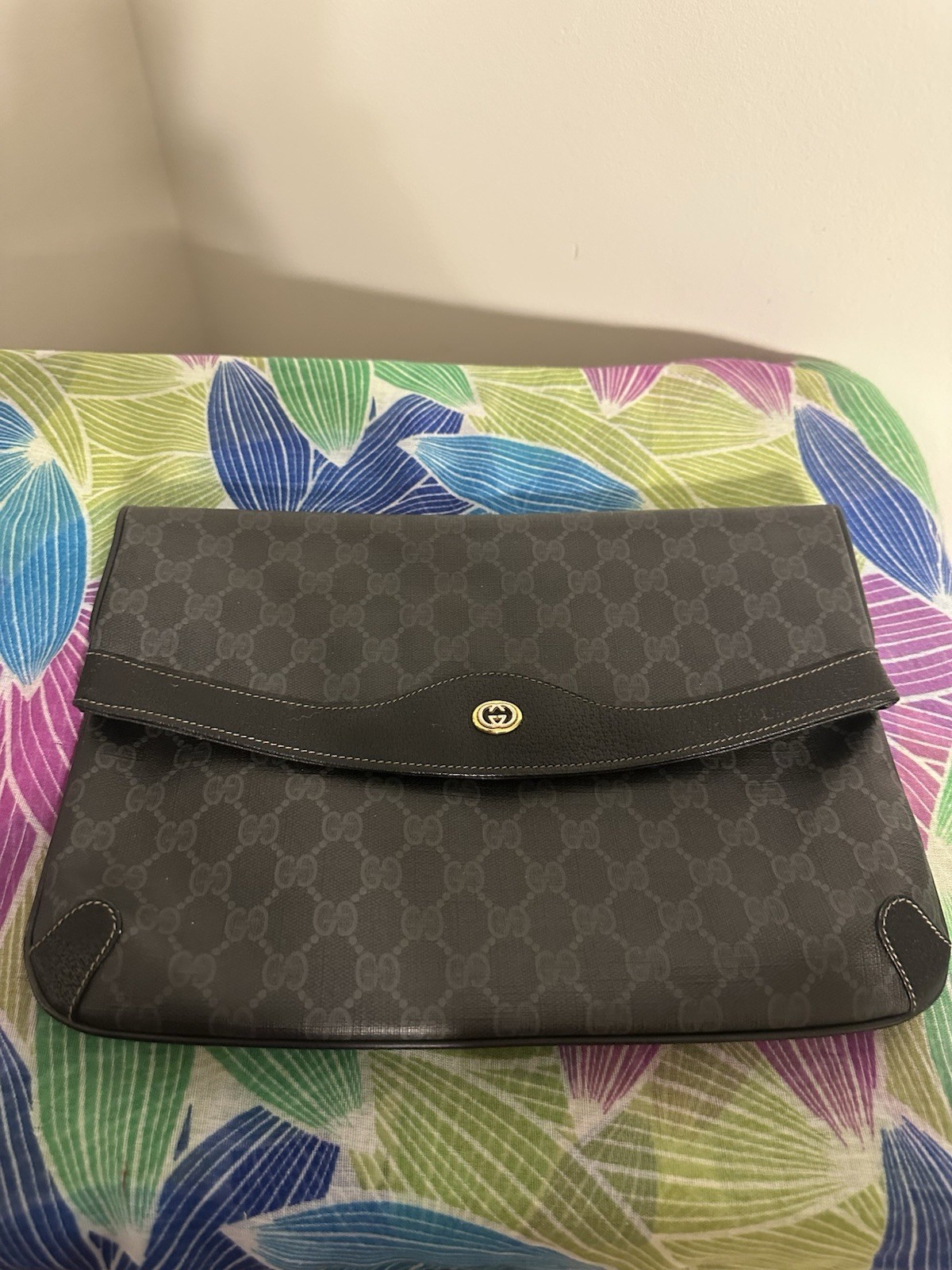 Gucci Black GG Monogram Envelope Clutch Bag, Snap Closure, Zip Pocket, Gold HW