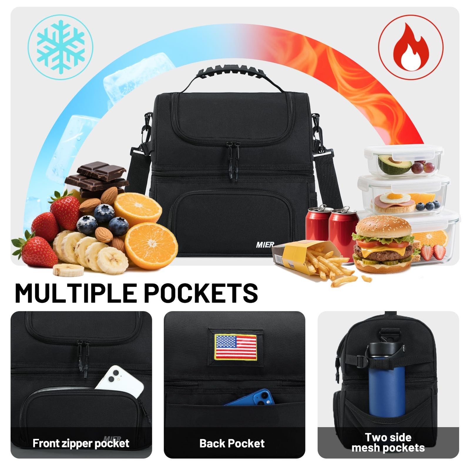MIER Dual Compartment Lunch Bag Tote with 10.5 x 7.75 x inches, Black