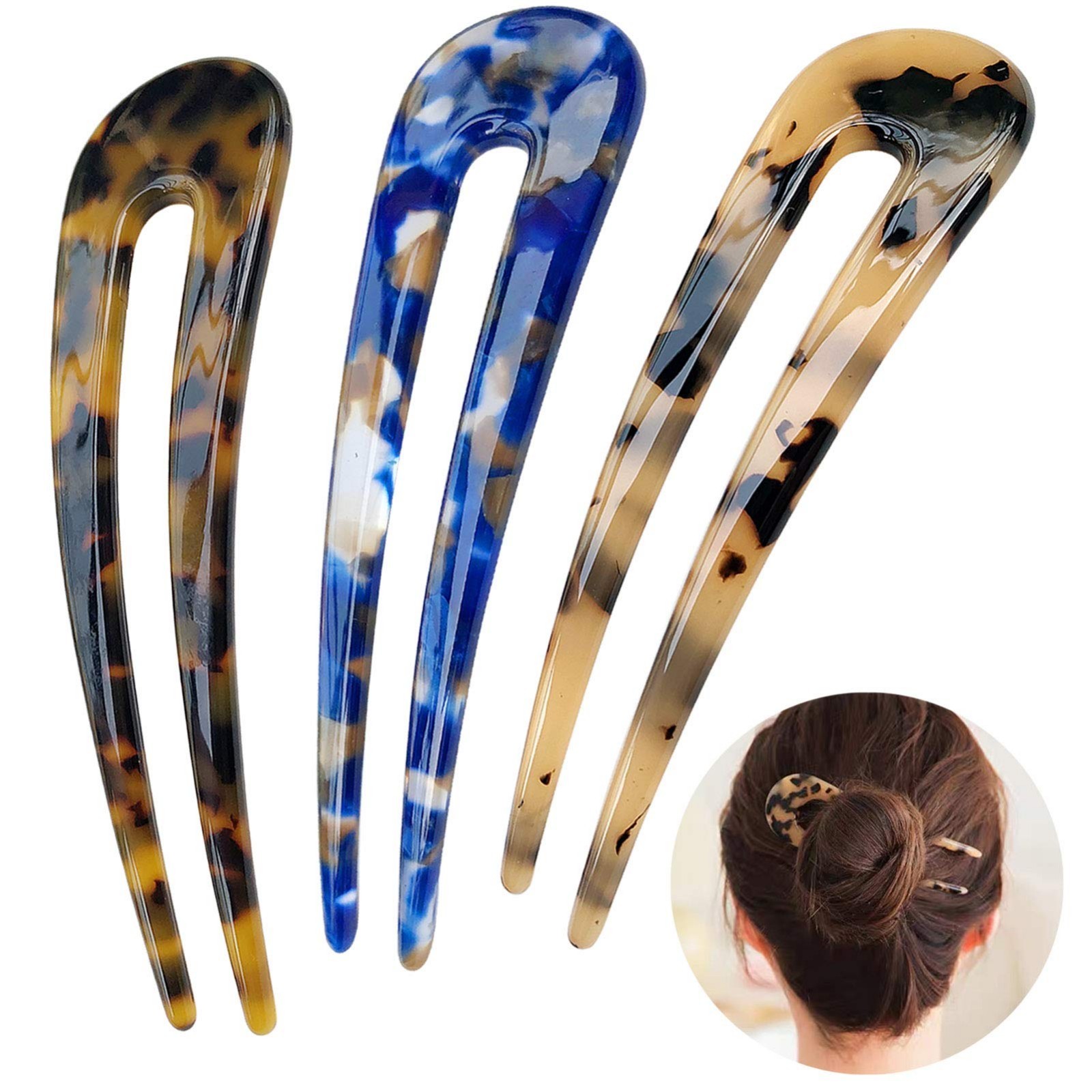 U Shape Tortoise Shell Hair Forks – 3 Pack Vintage Updo Pins for Thin/Thick Hair