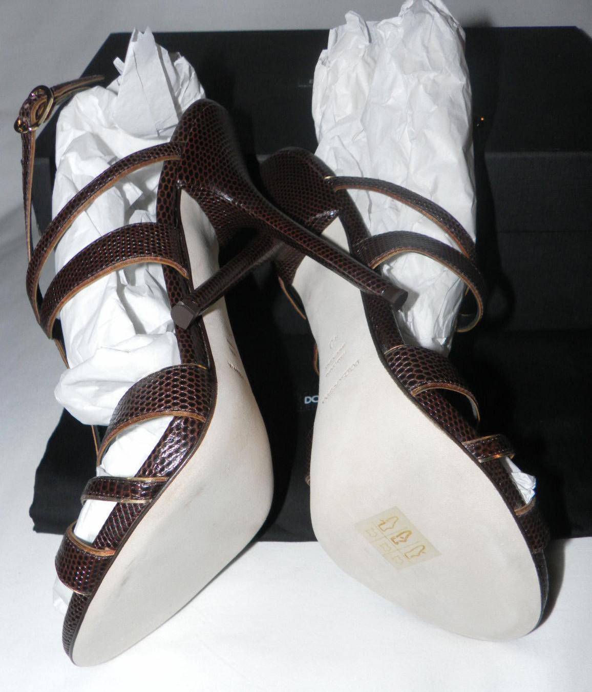 DOLCE & GABBANA LIZARD STRAPPY T-STRAP SLINGBACK STILETTO SANDALS BROWN Sz. 40