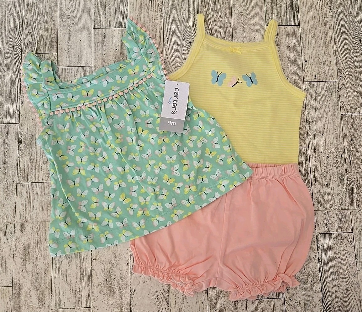 Carter’s Short Set 6-9 Months Butterflies Shirt Shorts Romper Girl 3pc NEW