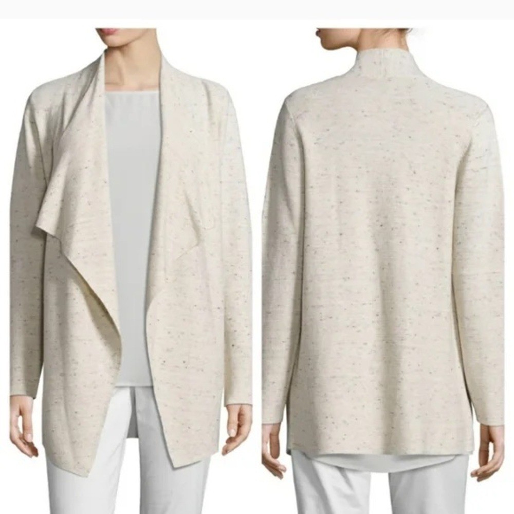 Eileen Fisher Ecru Peppered Organic Cotton Wool Waterfall Cardigan Size XS