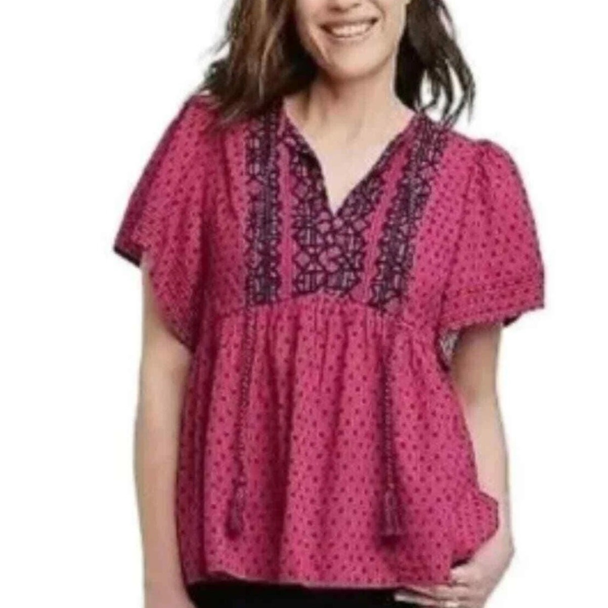 Knox Rose Embroidered Peasant Top Womens Medium Hot Pink & Black Boho Babydoll