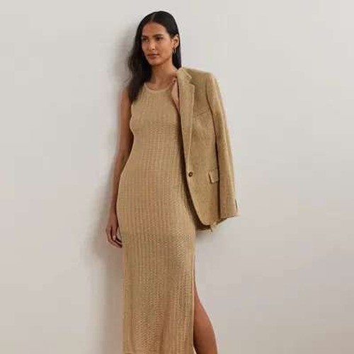 LRL Ralph Lauren Tan Crochet Sleeveless Midi Dress Womens Large Resort Boho NWT